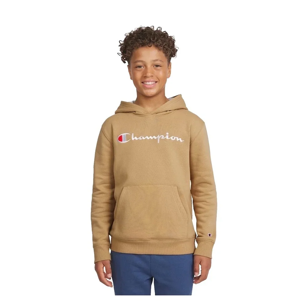 Champion Boys XL 18/20 Tan Script Logo Pullover Hoodie Sweatshirt